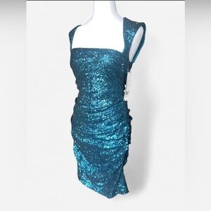 Formal Teal Sequin Ruched Dress